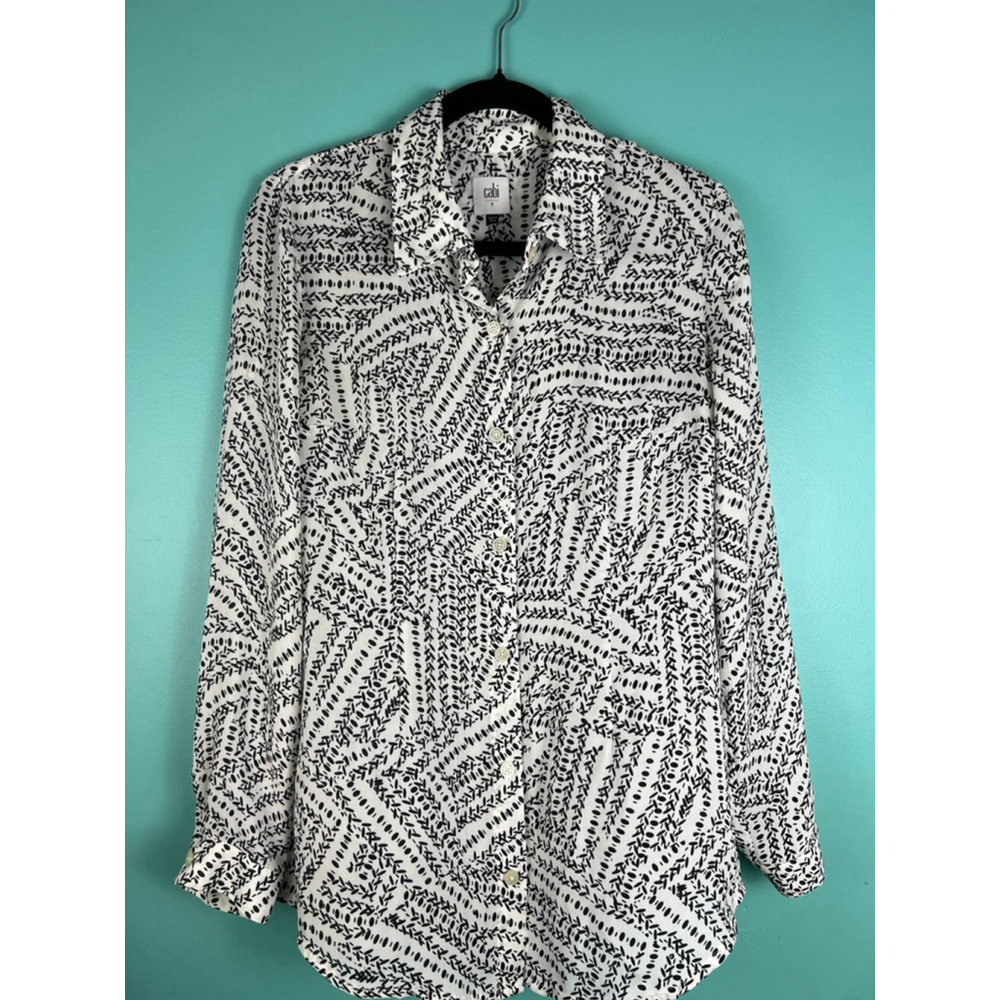 Cabi Button Down Blouse Women's Small Black White Abstract Print Long Sleeve Shi